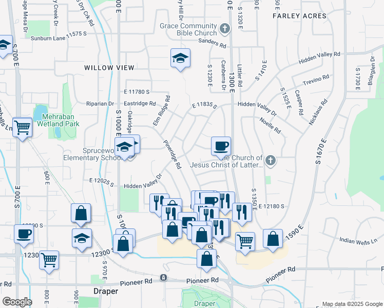 map of restaurants, bars, coffee shops, grocery stores, and more near 11989 Hidden Valley Road in Sandy