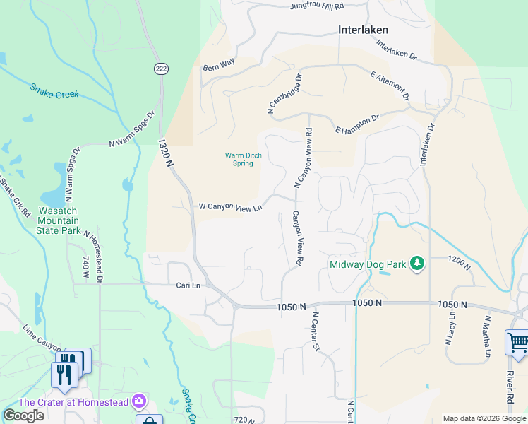 map of restaurants, bars, coffee shops, grocery stores, and more near 269 West Canyon View Lane in Midway
