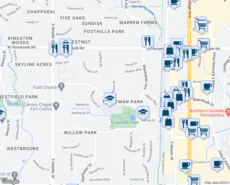 map of restaurants, bars, coffee shops, grocery stores, and more near 3904 Benthaven Street in Fort Collins