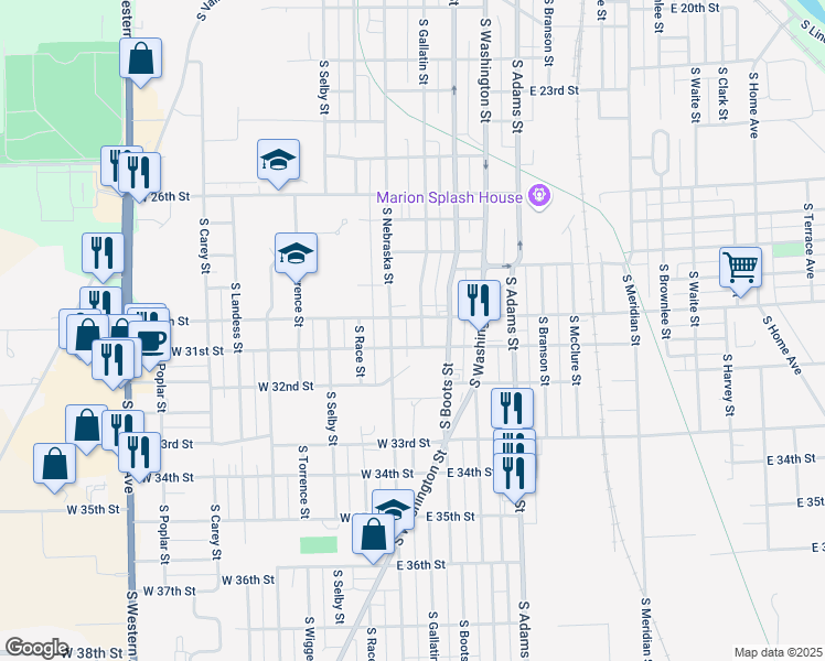 map of restaurants, bars, coffee shops, grocery stores, and more near 3023 South Gallatin Street in Marion