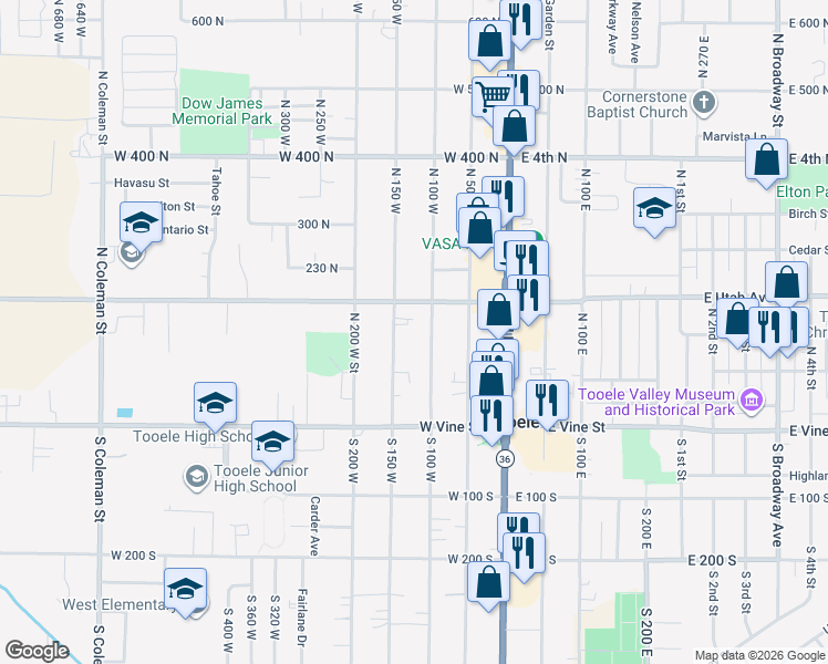map of restaurants, bars, coffee shops, grocery stores, and more near 131 North 100 West in Tooele