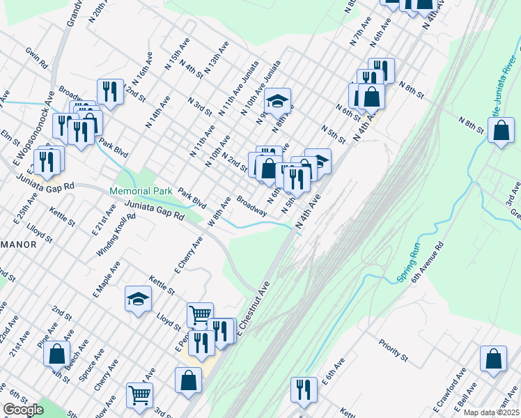 map of restaurants, bars, coffee shops, grocery stores, and more near 100 North 6th Avenue in Altoona