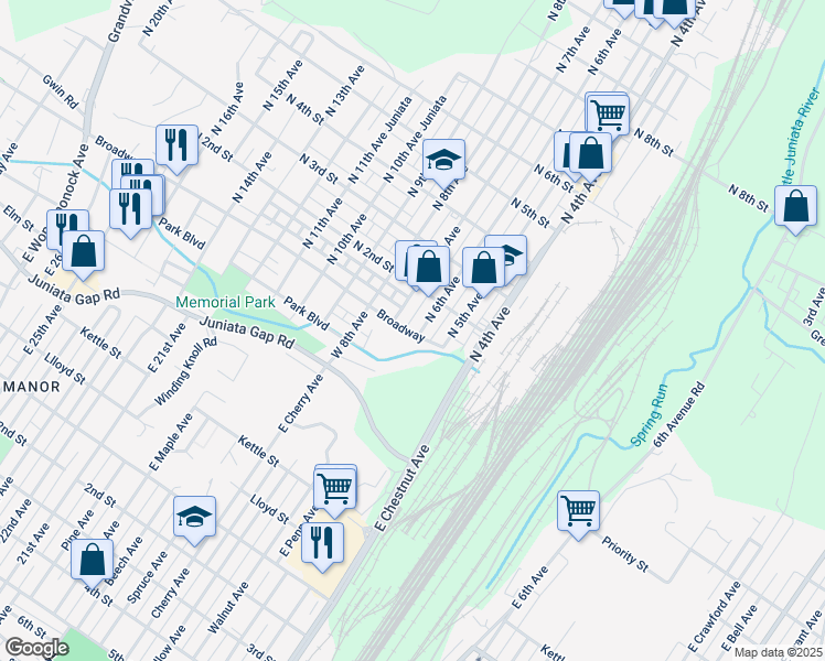 map of restaurants, bars, coffee shops, grocery stores, and more near 100 North 6th Avenue in Altoona