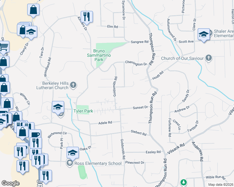 map of restaurants, bars, coffee shops, grocery stores, and more near 446 Goldsmith Road in Pittsburgh