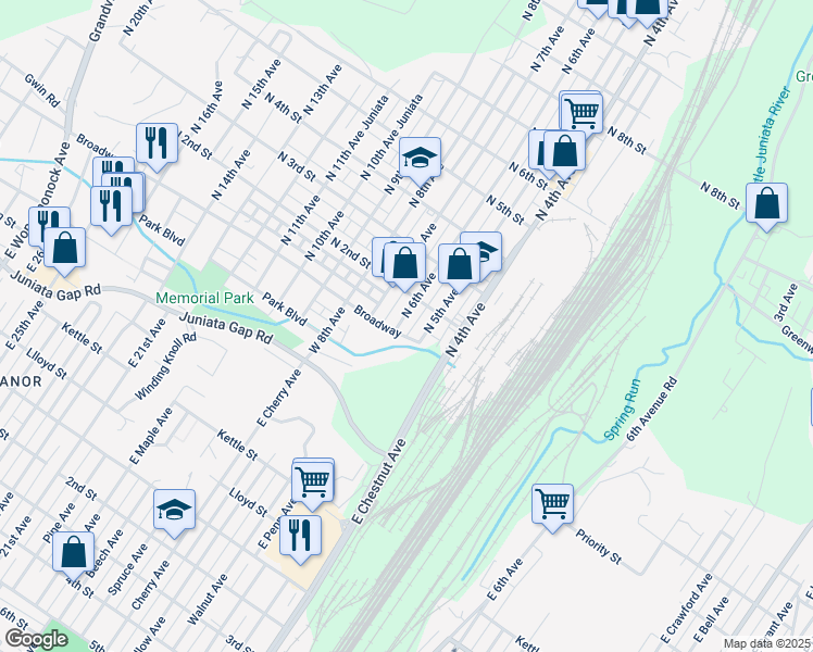 map of restaurants, bars, coffee shops, grocery stores, and more near 100 North 6th Avenue in Altoona