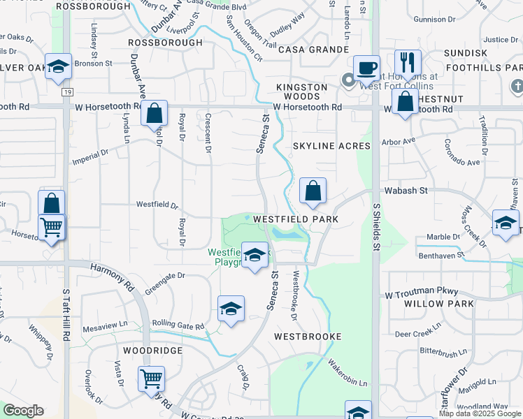 map of restaurants, bars, coffee shops, grocery stores, and more near 1502 Westfield Drive in Fort Collins