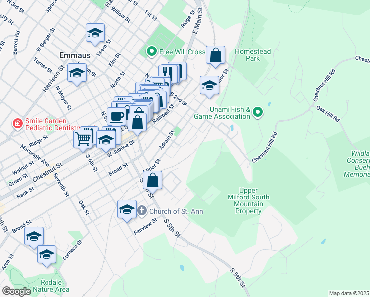 map of restaurants, bars, coffee shops, grocery stores, and more near 330 Powder Mill Lane in Emmaus