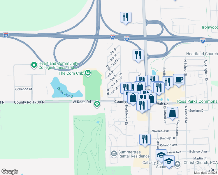 map of restaurants, bars, coffee shops, grocery stores, and more near 1708 B Street in Normal