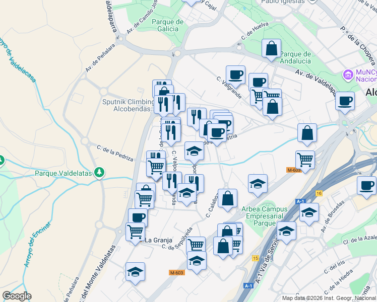 map of restaurants, bars, coffee shops, grocery stores, and more near 49 Avenida de la Industria in Alcobendas