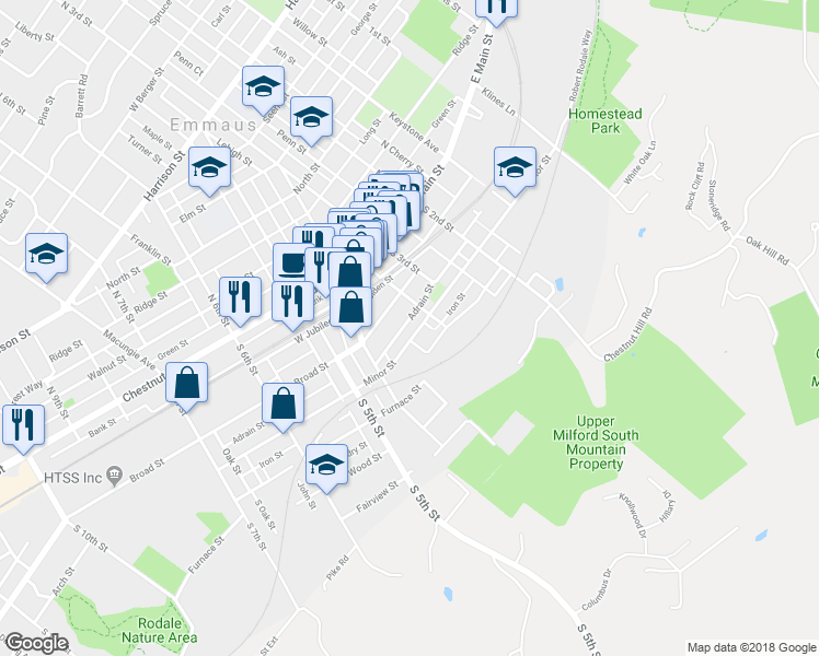 map of restaurants, bars, coffee shops, grocery stores, and more near 353 Minor Street in Emmaus