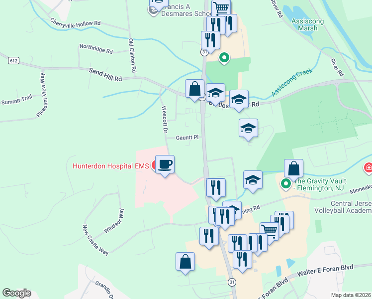 map of restaurants, bars, coffee shops, grocery stores, and more near 201 Route 31 in Flemington