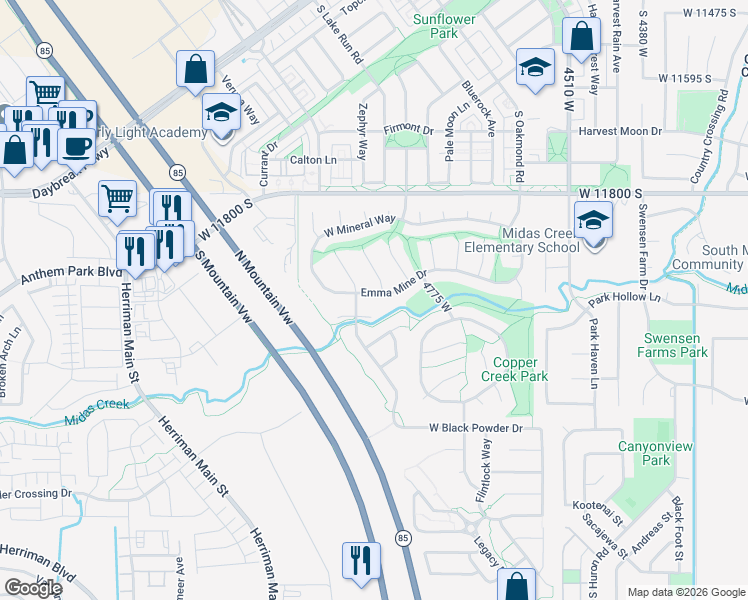 map of restaurants, bars, coffee shops, grocery stores, and more near 4863 Emma Mine Drive in Herriman