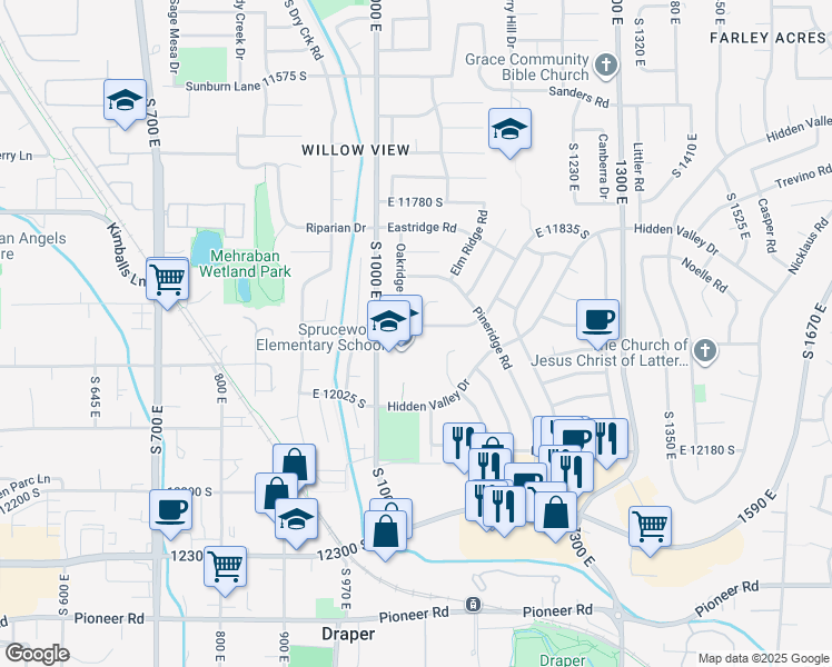 map of restaurants, bars, coffee shops, grocery stores, and more near 1048 Cedar Ridge Road in Sandy