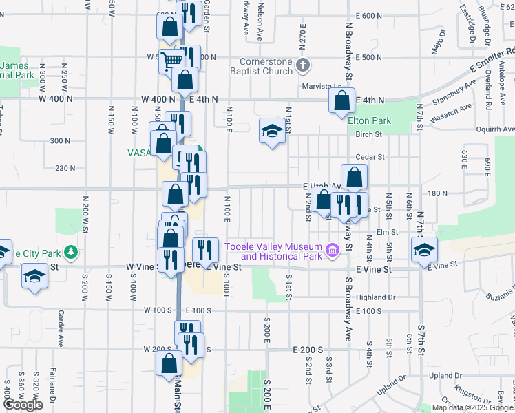 map of restaurants, bars, coffee shops, grocery stores, and more near 141 North Pinehurst Avenue in Tooele