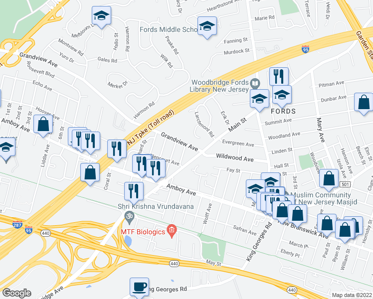 map of restaurants, bars, coffee shops, grocery stores, and more near 18 Fowler Street in Edison