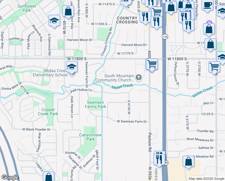 map of restaurants, bars, coffee shops, grocery stores, and more near 4212 Park Hollow Lane in Riverton