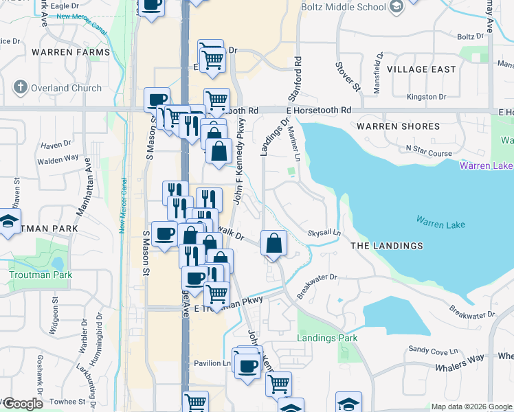 map of restaurants, bars, coffee shops, grocery stores, and more near 338 High Pointe Drive in Fort Collins