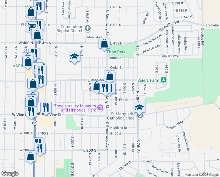 map of restaurants, bars, coffee shops, grocery stores, and more near 388 Date Street in Tooele