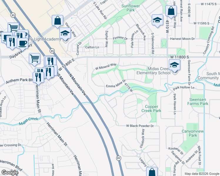 map of restaurants, bars, coffee shops, grocery stores, and more near 4863 Emma Mine Drive in Herriman