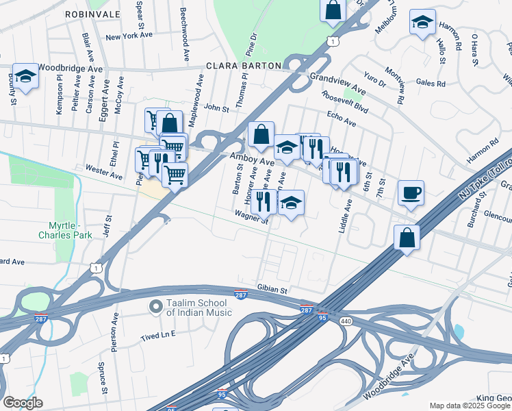 map of restaurants, bars, coffee shops, grocery stores, and more near 1 Coolidge Avenue in Edison