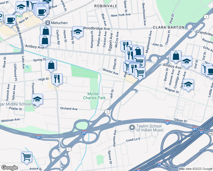 map of restaurants, bars, coffee shops, grocery stores, and more near 8 Sheffield Place in Metuchen