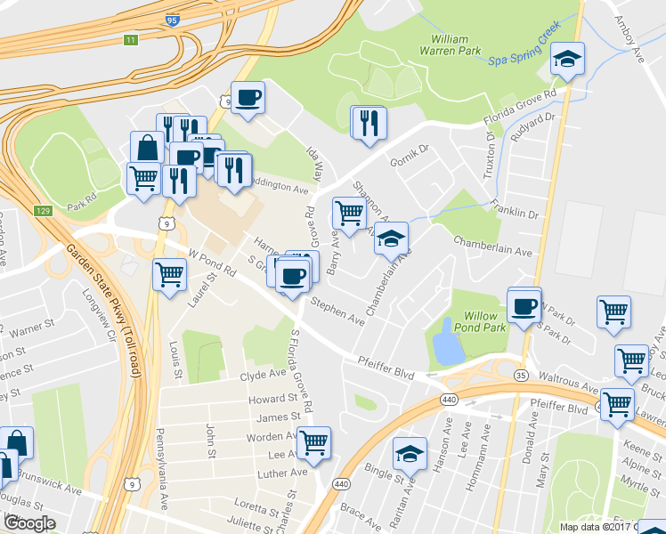 map of restaurants, bars, coffee shops, grocery stores, and more near 780 Barry Avenue in Perth Amboy