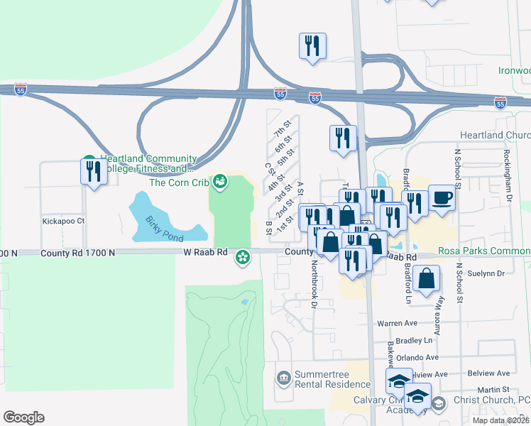 map of restaurants, bars, coffee shops, grocery stores, and more near 9-63 B Street in Normal