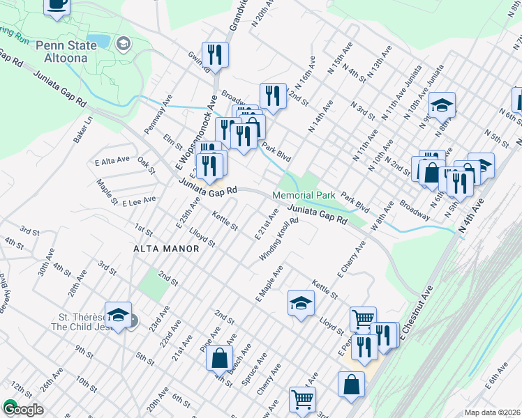 map of restaurants, bars, coffee shops, grocery stores, and more near 311-19 E 22nd Ave in Altoona