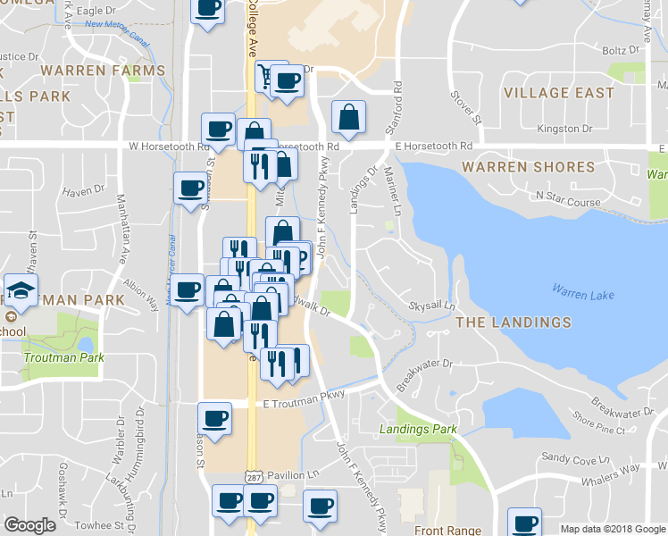 map of restaurants, bars, coffee shops, grocery stores, and more near 3950 John F Kennedy Parkway in Fort Collins