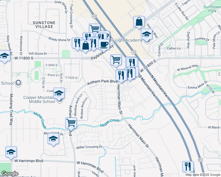 map of restaurants, bars, coffee shops, grocery stores, and more near 5355 Clouds Rest Lane in Herriman