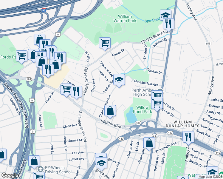 map of restaurants, bars, coffee shops, grocery stores, and more near 837 Chamberlain Avenue in Perth Amboy