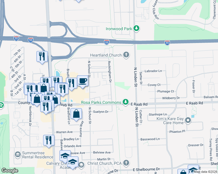 map of restaurants, bars, coffee shops, grocery stores, and more near 102 Kenwood Court in Normal