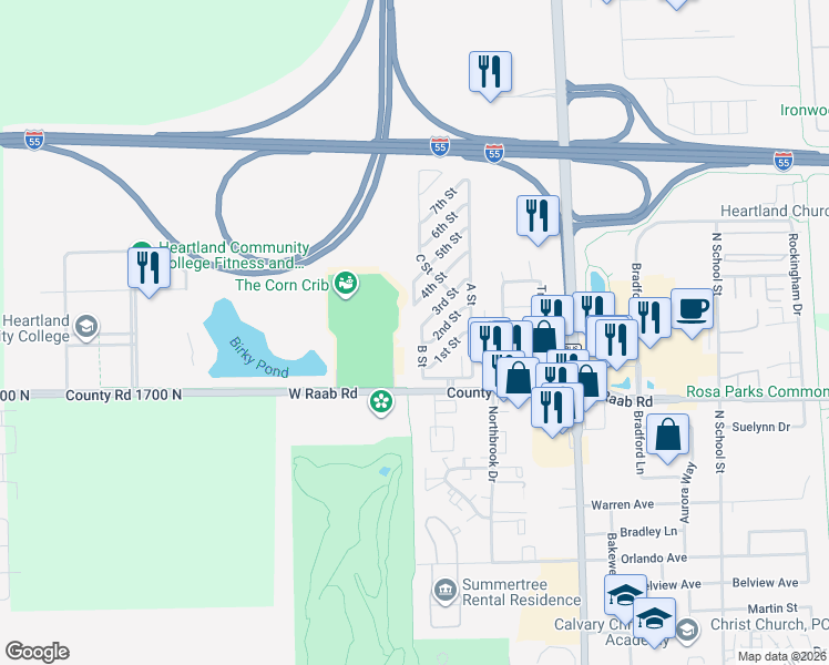 map of restaurants, bars, coffee shops, grocery stores, and more near 9-63 B Street in Normal
