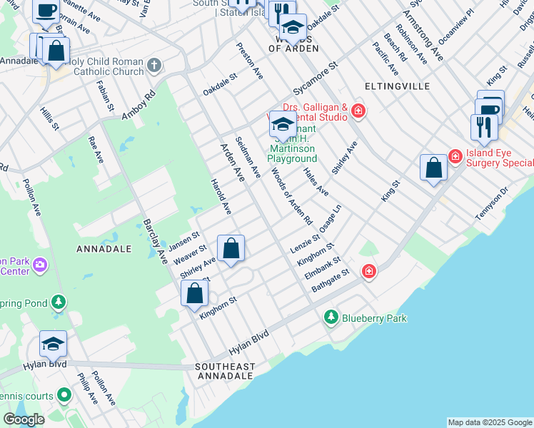 map of restaurants, bars, coffee shops, grocery stores, and more near 1555 Arden Avenue in Staten Island