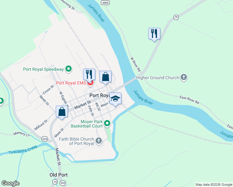 map of restaurants, bars, coffee shops, grocery stores, and more near 101 Main Street in Port Royal