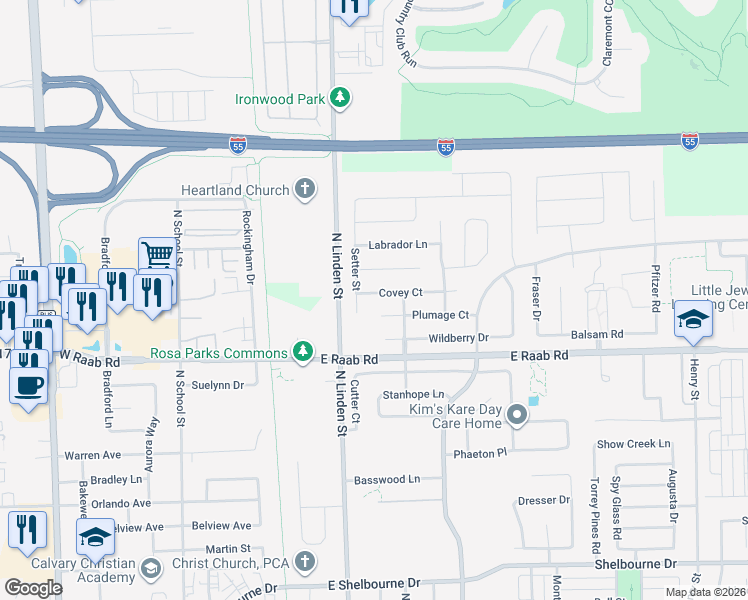map of restaurants, bars, coffee shops, grocery stores, and more near 303 Plumage Court in Normal
