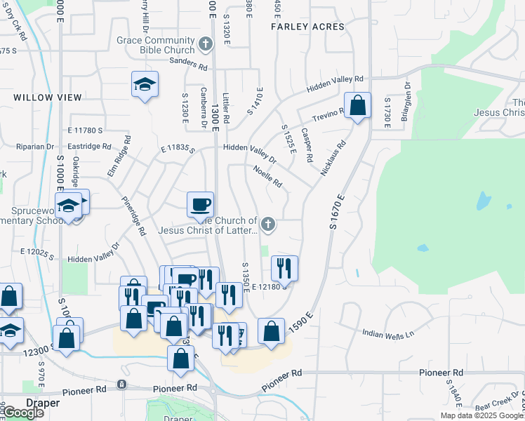 map of restaurants, bars, coffee shops, grocery stores, and more near 11989 Hidden Valley Road in Sandy