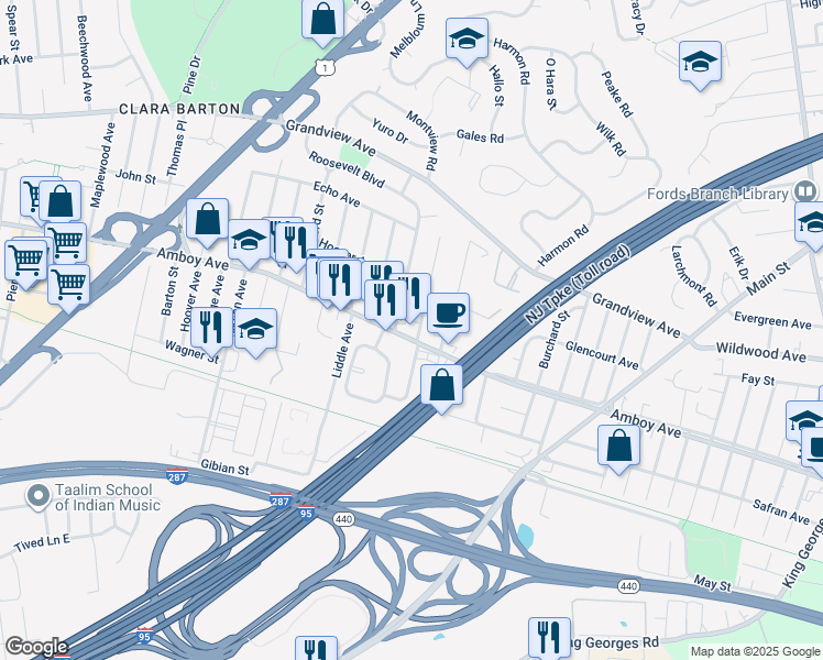 map of restaurants, bars, coffee shops, grocery stores, and more near 925 Amboy Avenue in Edison