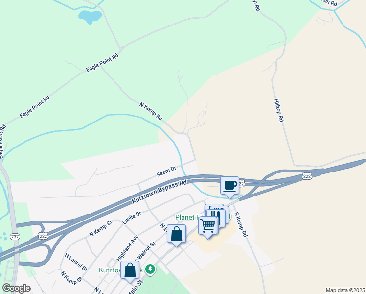map of restaurants, bars, coffee shops, grocery stores, and more near 125 North Kemp Road in Kutztown