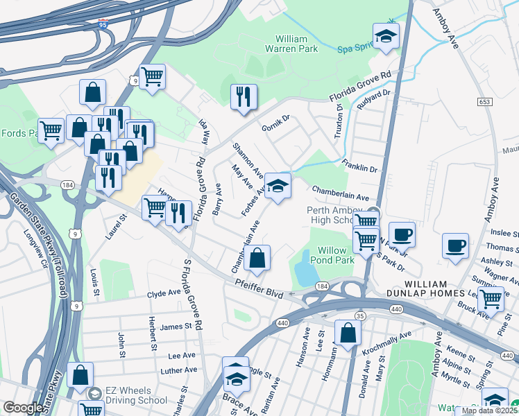 map of restaurants, bars, coffee shops, grocery stores, and more near 837 Chamberlain Avenue in Perth Amboy