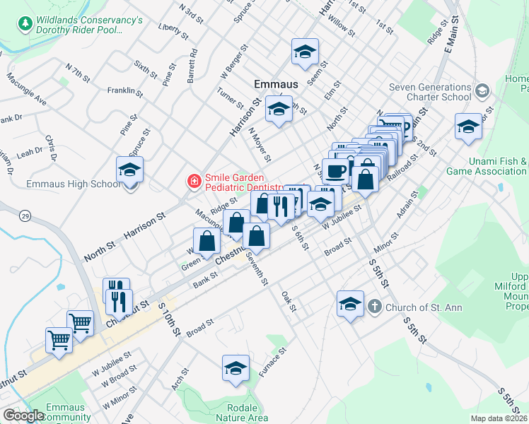 map of restaurants, bars, coffee shops, grocery stores, and more near 643 Green Street in Emmaus