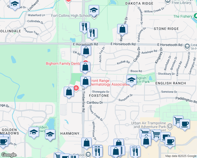 map of restaurants, bars, coffee shops, grocery stores, and more near 2215 Sunstone Drive in Fort Collins