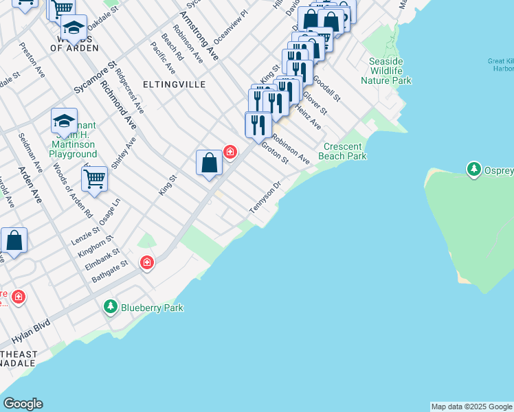 map of restaurants, bars, coffee shops, grocery stores, and more near 88 Oceanic Avenue in Staten Island