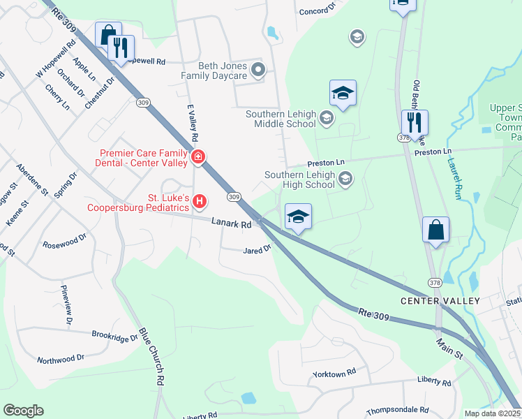 map of restaurants, bars, coffee shops, grocery stores, and more near 5537 Pennsylvania 309 in Lehigh County