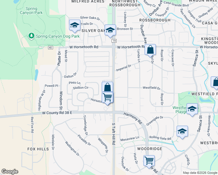 map of restaurants, bars, coffee shops, grocery stores, and more near 4000 South Taft Hill Road in Fort Collins