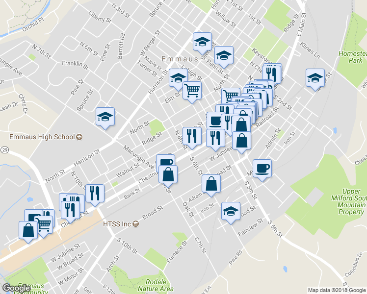 map of restaurants, bars, coffee shops, grocery stores, and more near 603 Green Street in Emmaus