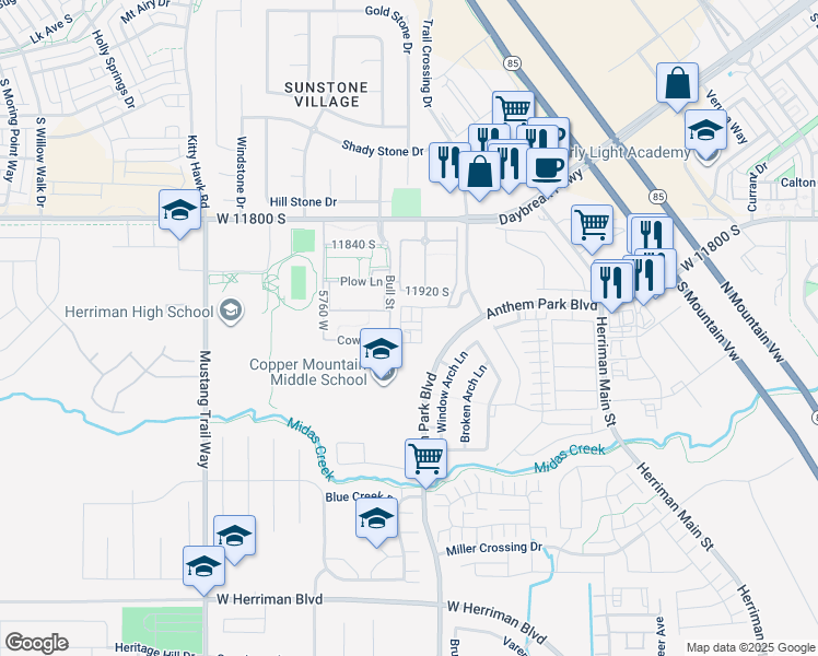 map of restaurants, bars, coffee shops, grocery stores, and more near 5637 West Abbey Lane in Herriman