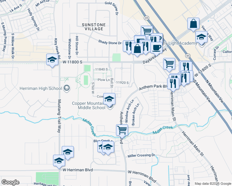 map of restaurants, bars, coffee shops, grocery stores, and more near 5643 West Abbey Lane in Herriman