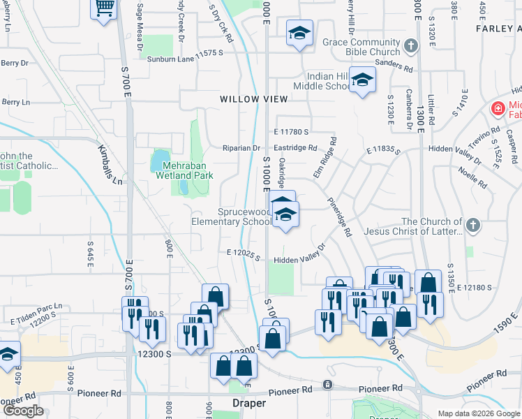 map of restaurants, bars, coffee shops, grocery stores, and more near 987 Blue Heron Way in Draper