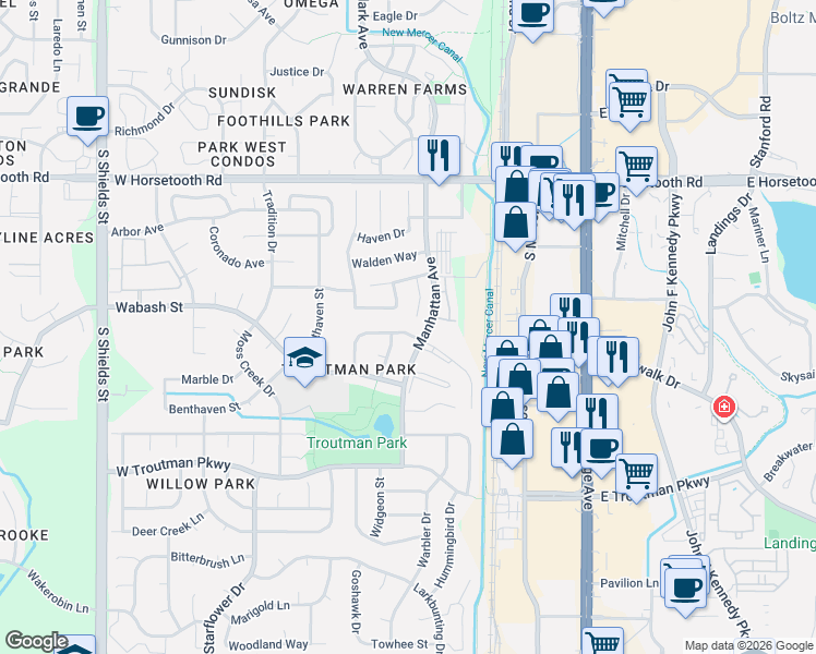 map of restaurants, bars, coffee shops, grocery stores, and more near 3907 Manhattan Avenue in Fort Collins